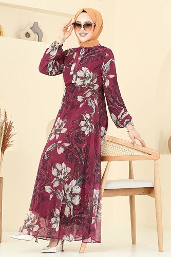 moda selvim Piliseli Desenli Şifon Elbise 5035ANT466 Vişne - Thumbnail