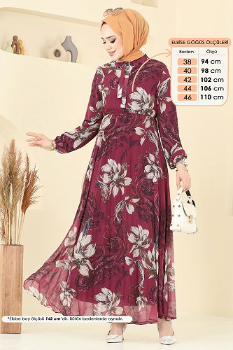 moda selvim Piliseli Desenli Şifon Elbise 5035ANT466 Vişne - Thumbnail