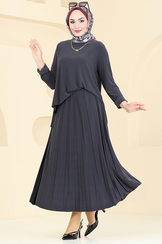 moda selvim Piliseli Etekli Sandy Takım 2008MEY846 Antrasit - Thumbnail