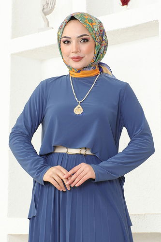 moda selvim Piliseli Etekli Sandy Takım 2008MEY846 İndigo - Thumbnail