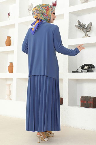 moda selvim Piliseli Etekli Sandy Takım 2008MEY846 İndigo - Thumbnail