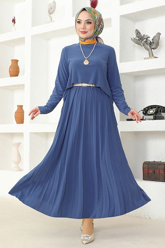 moda selvim Piliseli Etekli Sandy Takım 2008MEY846 İndigo - Thumbnail