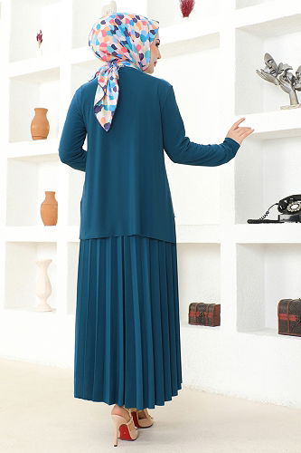 moda selvim Piliseli Etekli Sandy Takım 2008MEY846 Petrol - Thumbnail