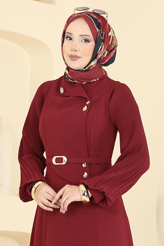 moda selvim Piliseli İthal Krep Elbise 2873SLK540 Bordo - Thumbnail