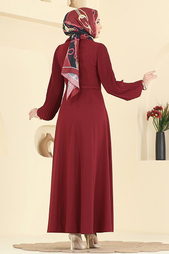 moda selvim Piliseli İthal Krep Elbise 2873SLK540 Bordo - Thumbnail