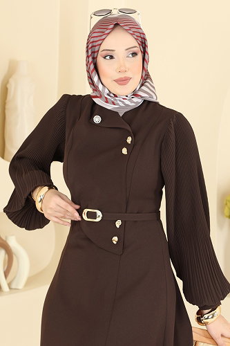 moda selvim Piliseli İthal Krep Elbise 2873SLK540 Kahve - Thumbnail