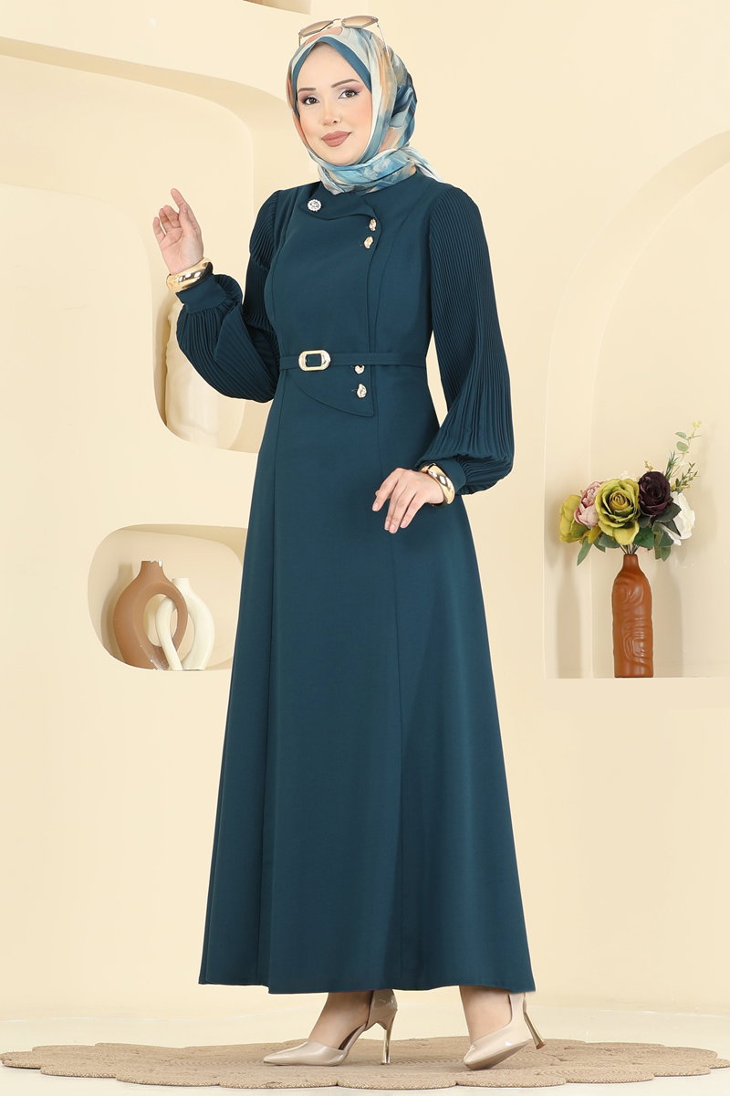 シュプリームdark teal Piliseli İthal Krep Elbise 2873SLK540 Petrol - Moda Selvim