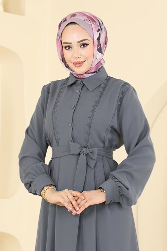moda selvim Piliseli İthal Krep Elbise 308ASN888 Gri - Thumbnail