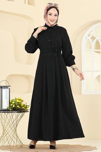 moda selvim Piliseli İthal Krep Elbise 308ASN888 Siyah - Thumbnail