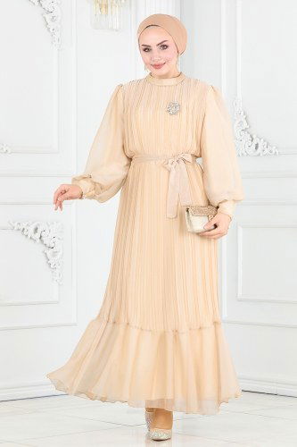 moda selvim Piliseli Janjan Abiye Elbise 5505EDF311 Taş - Thumbnail