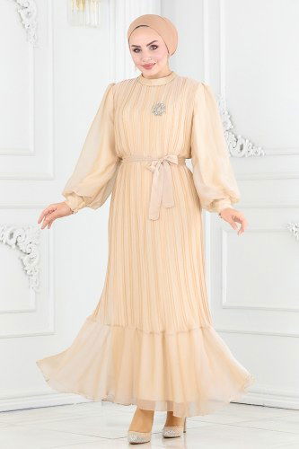 moda selvim Piliseli Janjan Abiye Elbise 5505EDF311 Taş - Thumbnail