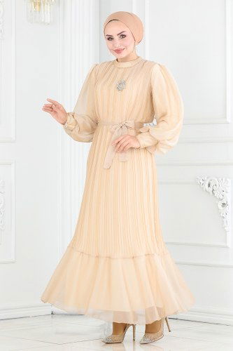 moda selvim Piliseli Janjan Abiye Elbise 5505EDF311 Taş - Thumbnail