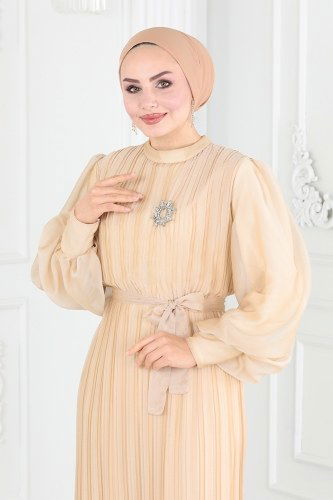 moda selvim Piliseli Janjan Abiye Elbise 5505EDF311 Taş - Thumbnail