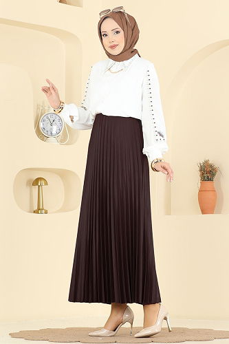 moda selvim Piliseli Jarse Etek 4537BRZ597 Acı Kahve - Thumbnail