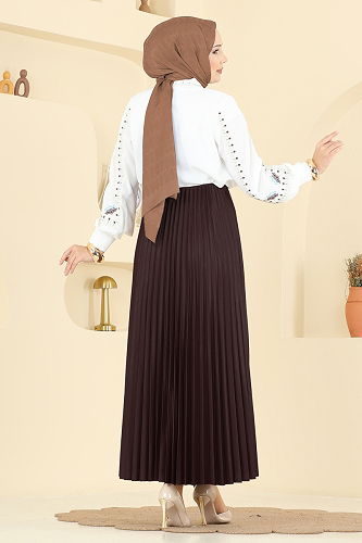 moda selvim Piliseli Jarse Etek 4537BRZ597 Acı Kahve - Thumbnail