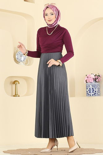 moda selvim Piliseli Jarse Etek 4537BRZ597 Antrasit - Thumbnail