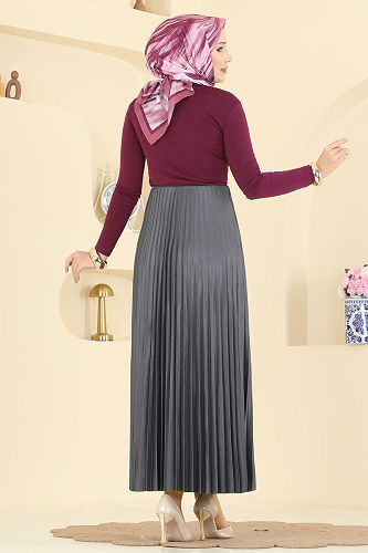 moda selvim Piliseli Jarse Etek 4537BRZ597 Antrasit - Thumbnail