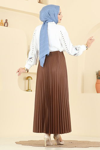 moda selvim Piliseli Jarse Etek 4537BRZ597 Kahve - Thumbnail