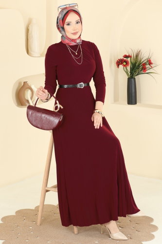 M.P. - Piliseli Kemerli Sandy Elbise 2025MP806 Bordo