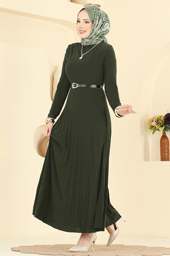moda selvim Piliseli Kemerli Sandy Elbise 2025MP806 Haki - Thumbnail