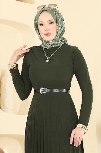 moda selvim Piliseli Kemerli Sandy Elbise 2025MP806 Haki - Thumbnail