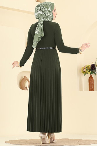 moda selvim Piliseli Kemerli Sandy Elbise 2025MP806 Haki - Thumbnail