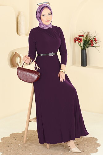 moda selvim Piliseli Kemerli Sandy Elbise 2025MP806 Mürdüm - Thumbnail