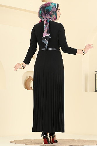 moda selvim Piliseli Kemerli Sandy Elbise 2025MP806 Siyah - Thumbnail