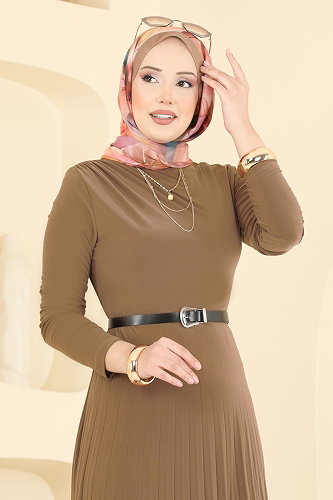 moda selvim Piliseli Kemerli Sandy Elbise 2025MP806 Vizyon - Thumbnail