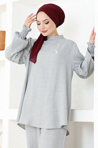 moda selvim Piliseli Kombin KTN1001-M Gri - Thumbnail