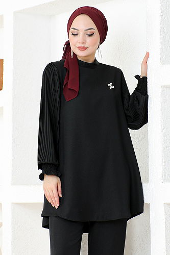 moda selvim Piliseli Kombin KTN1001-M Siyah - Thumbnail