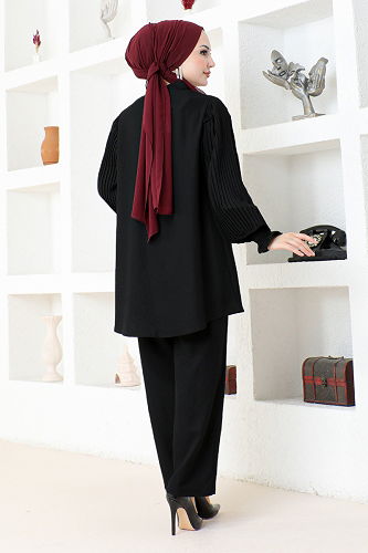 moda selvim Piliseli Kombin KTN1001-M Siyah - Thumbnail