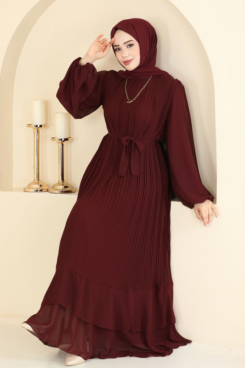 Piliseli Kuşaklı Şifon Abiye 5751EDF311 Bordo