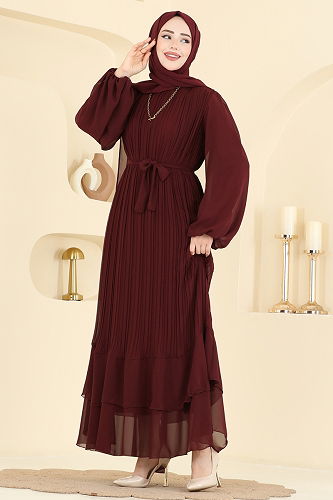 moda selvim Piliseli Kuşaklı Şifon Abiye 5751EDF311 Bordo - Thumbnail