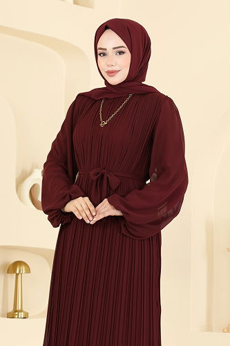 moda selvim Piliseli Kuşaklı Şifon Abiye 5751EDF311 Bordo - Thumbnail
