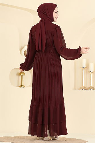 moda selvim Piliseli Kuşaklı Şifon Abiye 5751EDF311 Bordo - Thumbnail