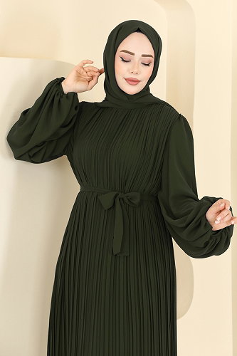 moda selvim Piliseli Kuşaklı Şifon Abiye 5751EDF311 Haki - Thumbnail