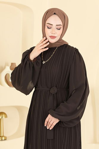 moda selvim Piliseli Kuşaklı Şifon Abiye 5751EDF311 Kahve - Thumbnail