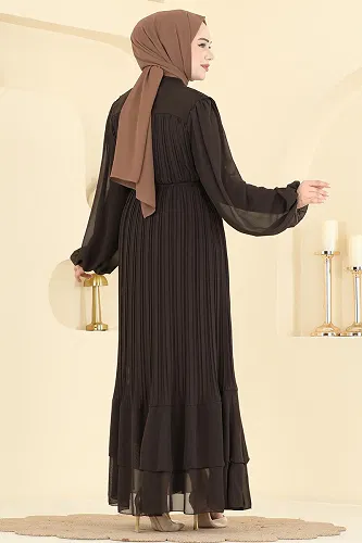 moda selvim Piliseli Kuşaklı Şifon Abiye 5751EDF311 Kahve - Thumbnail