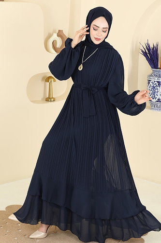 moda selvim Piliseli Kuşaklı Şifon Abiye 5751EDF311 Koyu Laci - Thumbnail