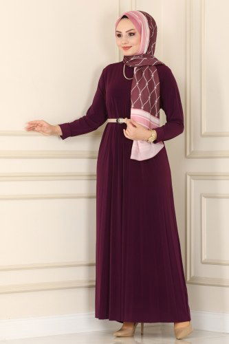 moda selvim Piliseli Sandy Elbise 1632AF356 Mürdüm - Thumbnail
