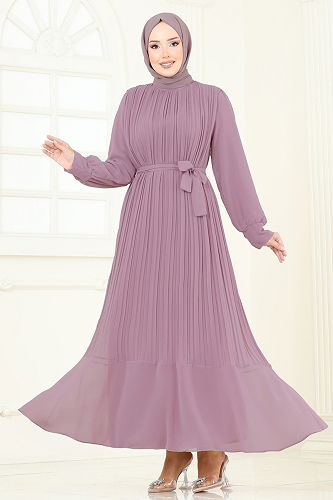 moda selvim Piliseli Şifon Abiye Elbise 2150MP806 Açık Gül Kurusu - Thumbnail