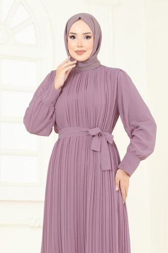 moda selvim Piliseli Şifon Abiye Elbise 2150MP806 Açık Gül Kurusu - Thumbnail
