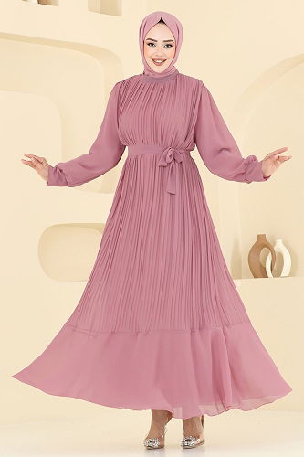 moda selvim Piliseli Şifon Abiye Elbise 2150MP806 Gül Kurusu - Thumbnail