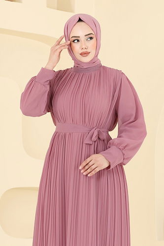 moda selvim Piliseli Şifon Abiye Elbise 2150MP806 Gül Kurusu - Thumbnail