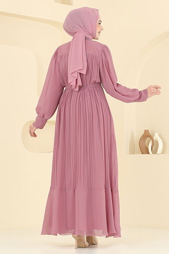 moda selvim Piliseli Şifon Abiye Elbise 2150MP806 Gül Kurusu - Thumbnail