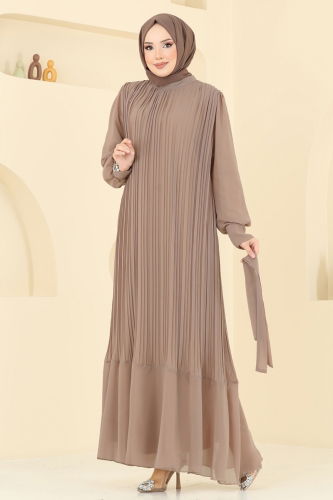 moda selvim Piliseli Şifon Abiye Elbise 2150MP806 Koyu Vizyon - Thumbnail