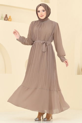 moda selvim Piliseli Şifon Abiye Elbise 2150MP806 Koyu Vizyon - Thumbnail