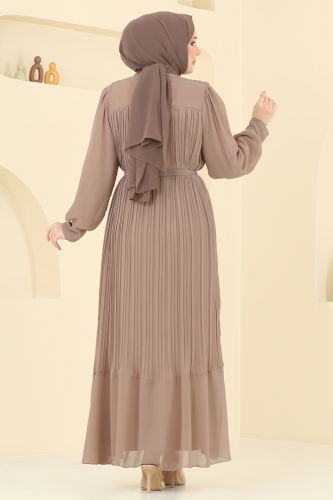 moda selvim Piliseli Şifon Abiye Elbise 2150MP806 Koyu Vizyon - Thumbnail