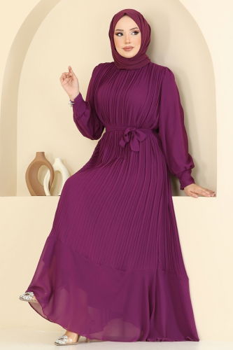 moda selvim Piliseli Şifon Abiye Elbise 2150MP806 Mor - Thumbnail
